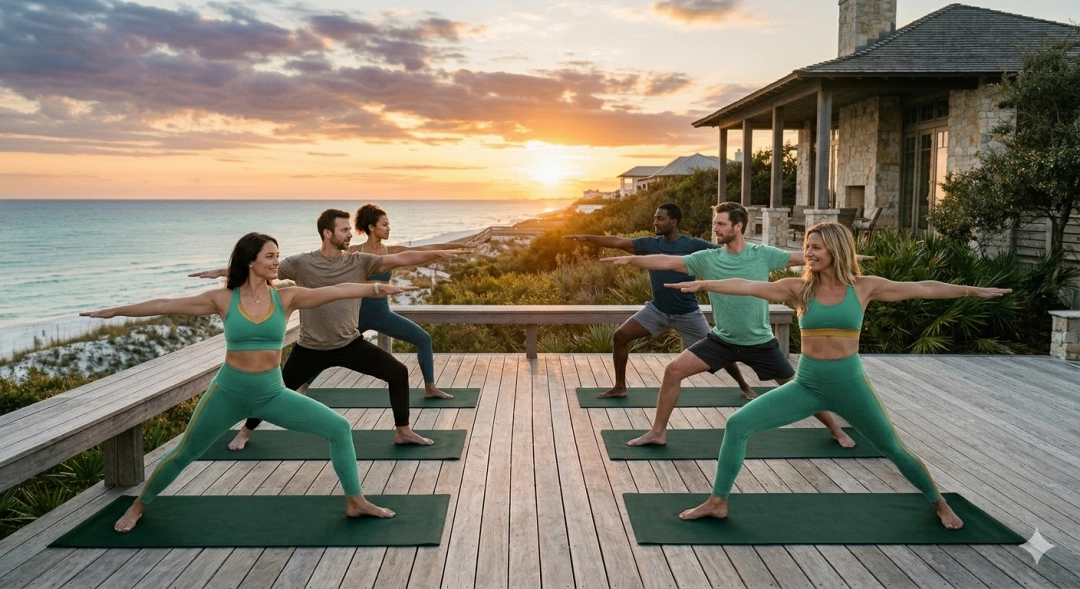 A group practicing yoga together outdoors in Santa Rosa Beach, representing shared wellness.